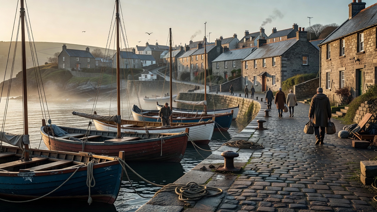 Small boats moored beside a coastal town, providing a setting for a departure story