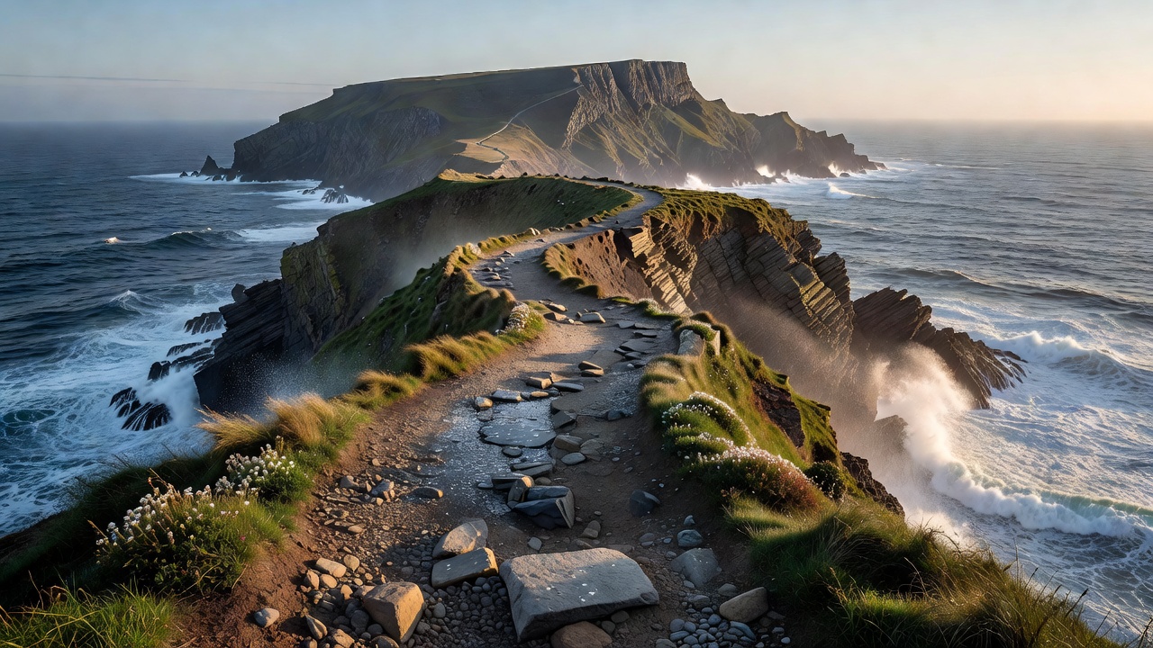 A walking path following a rugged coastline toward a distant headland
