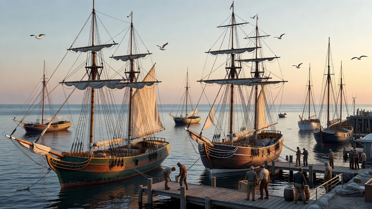 Sailing vessels resting in a harbour before departure